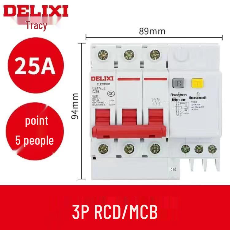 Трехфазный автоматический выключатель утечки на землю Delixi DZ47SLE с 3P защитой, 380В