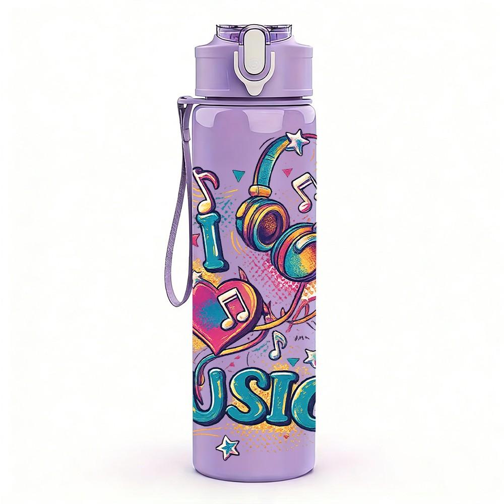 1PC Colorful DJ Music Girl Cartoon 750ml Color Plastic Sports Water Bottle Leakproof Flip Straw Lid Suitable for Sports Office Home Use