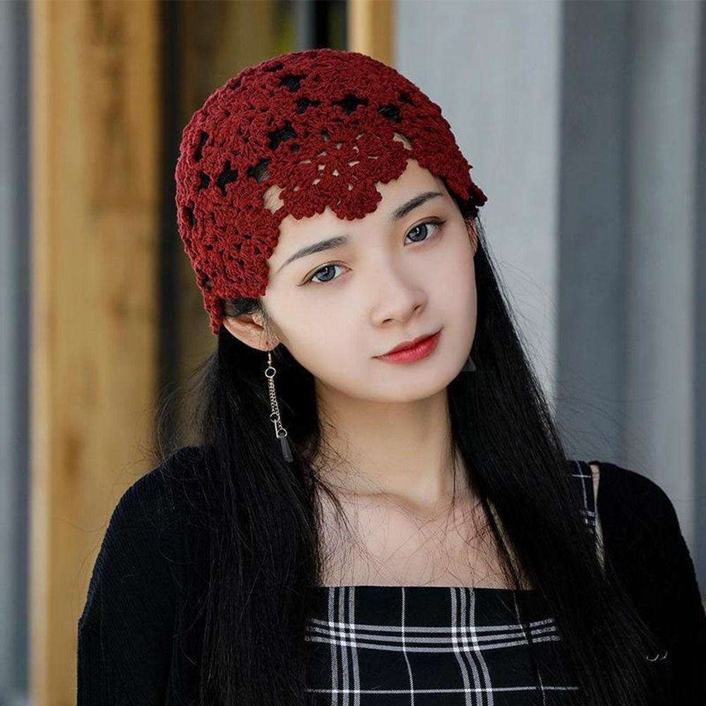 Basin Hat Hollow Flower Knitted Hat Ethnic Style Beanies Cute Crochet Bucket Hat  Warm