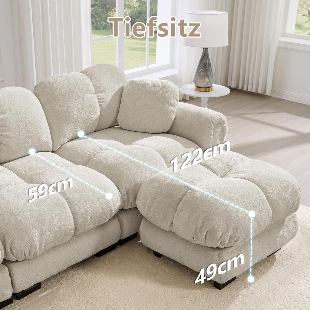 4-Seater Modular Living Room Sofa, Chenille Fabric, Quilted Design with Elegant Armrests, Seat Cushions, Ergonomically Shaped Backrest, Light Khaki
