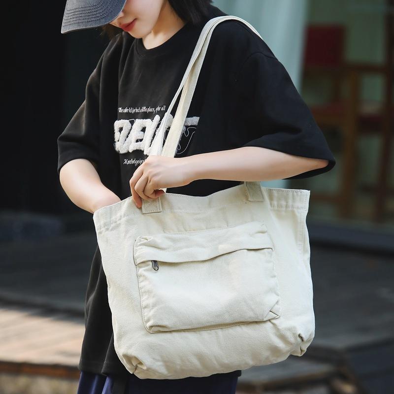Tote Bag Women's Solid Color Large Capacity Shoulder Bag Student Canvas Underarm Bag