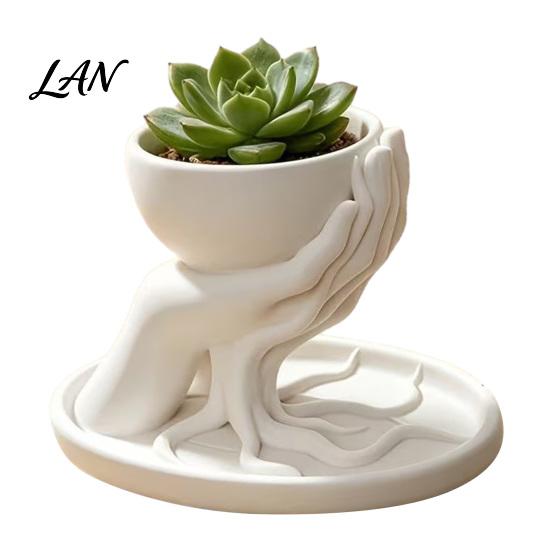 Minimalist PLA Resin Flower Pot 3D Printed Palm Shaped Succulent Planter with Drainage Tray, Holding Modern Aesthetic Desktop Ornament Mini Pot, Small
