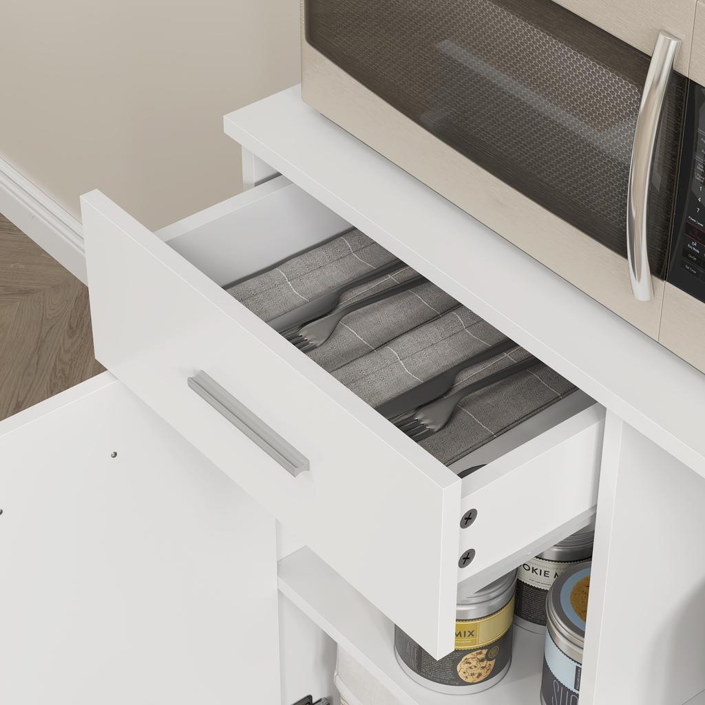 Wooden Pantry Cabinet with Drawer, 4 Cabinets and 3 Open Shelves, 80x35x180 cm, White
