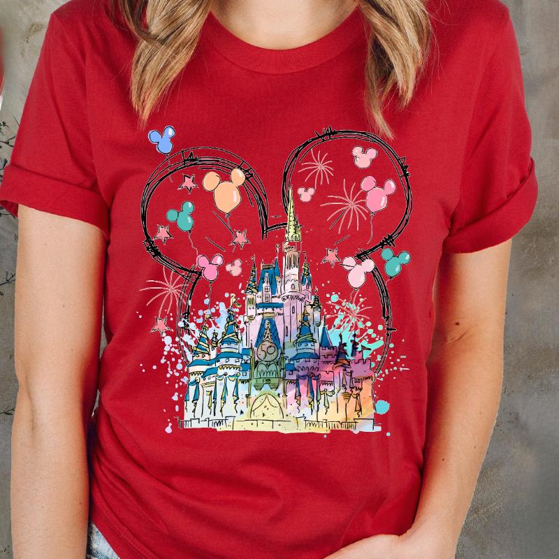 Watercolor Mickey Castle Print TShirts Crew Neck Breathable Fashion Casual Travel Short Sleeve Tops for Unisex and Women