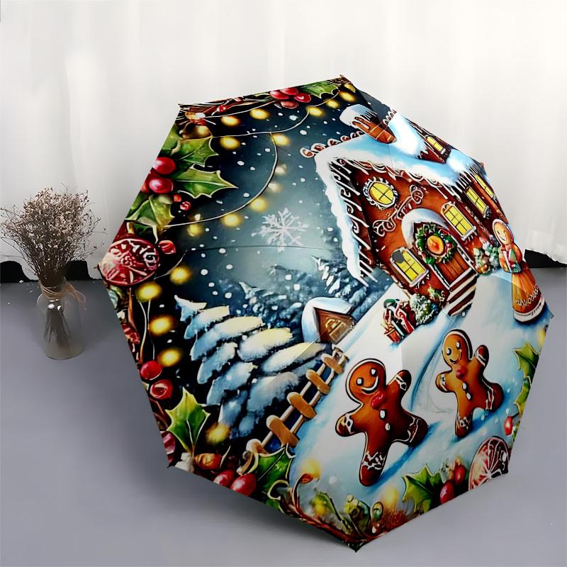 1pc Stunning Christmas Floral Design Automatic Folding Umbrella, 3-Fold Design, 8-Bone Iron Frame, Outdoor, Festive Gift for Fans, Travelers, Daily Us
