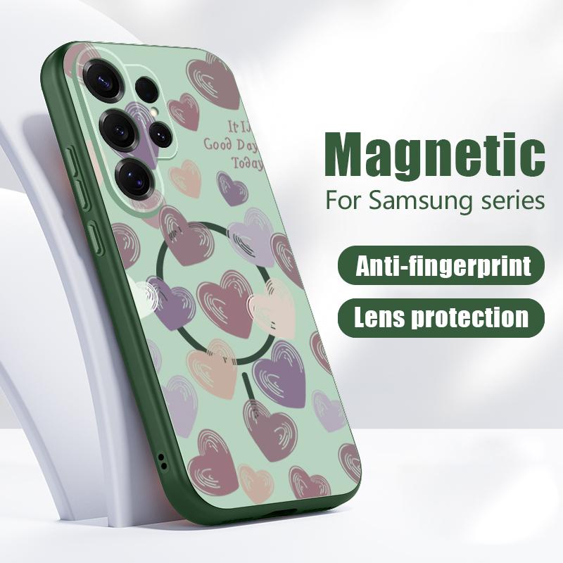 Магнитный Чехол Для Magsafe Для Samsung Galaxy S26 Ultra S25 Edge S24 Plus S23 FE S22 A54 A55 A56 5G Конфетный Цвет Узор Сердечки Матовый Чехол