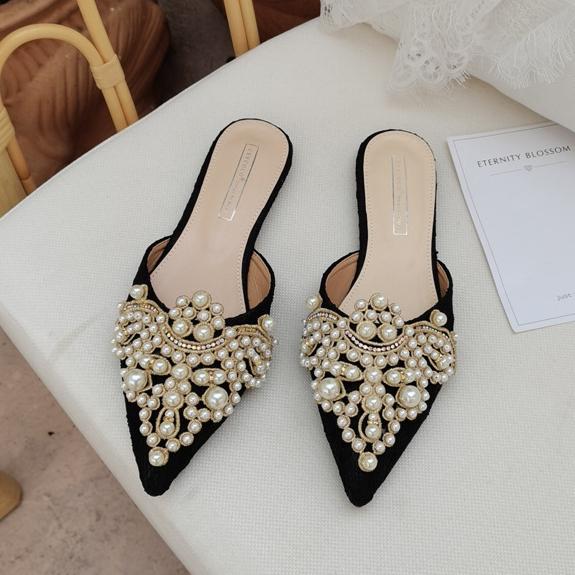 Spring and Autumn Fashion Sexy Women's Shoes Elegant Beaded Crystal Lace Patchwork One Pedal 35-42 Stiletto Slippers 2024 New