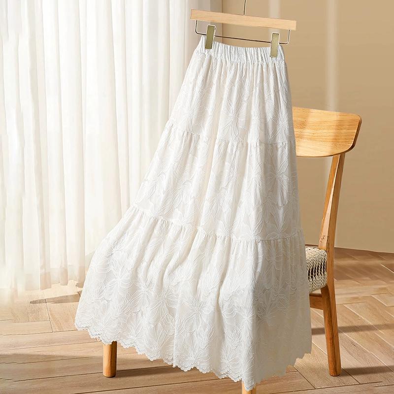 DIMANAF 2025 Лето Женские Белые Юбки Винтажные Эластичные Плиссированные Элегантные Длинные Юбки Новое Кружево Высокая Талия