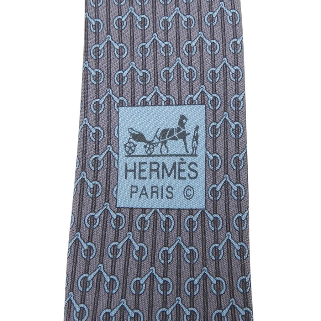 Отличный галстук HERMES Мотив конской сбруи узор по всей поверхности серый шелк мужской Б/У