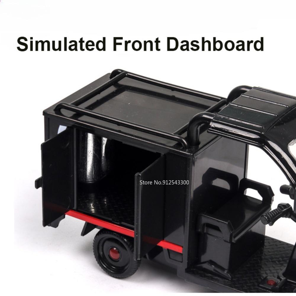1/32 Scale Express Delivery Tricycle Model Car Toy Steerable Front Wheels Sound Light Pull Back Vehicle Models Gifts for Kids