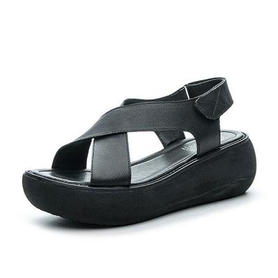 Мода Мода Лето Винтаж Натуральная Кожа Плоская Платформа Сандалии Женские Липучка Перекрестные Ремешки Плоские Уличные Сандалии размер 34-40