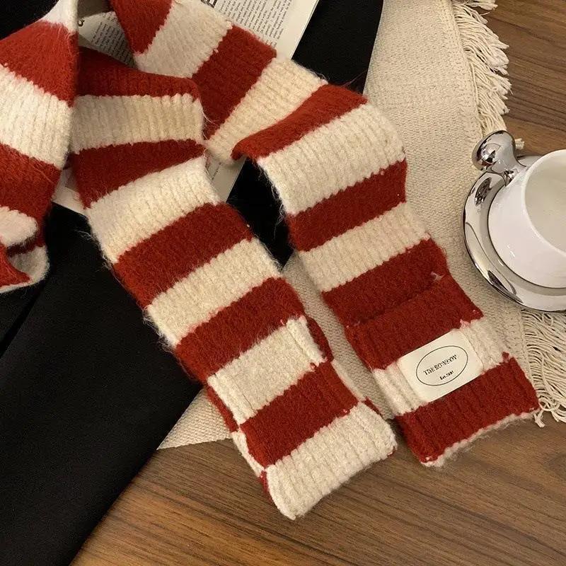 New Striped Soft Wool Knitted Scarf - Women's Winter Korean-Style Versatile Simple Thick Warm Scarf Cold-Resistant Scarf
