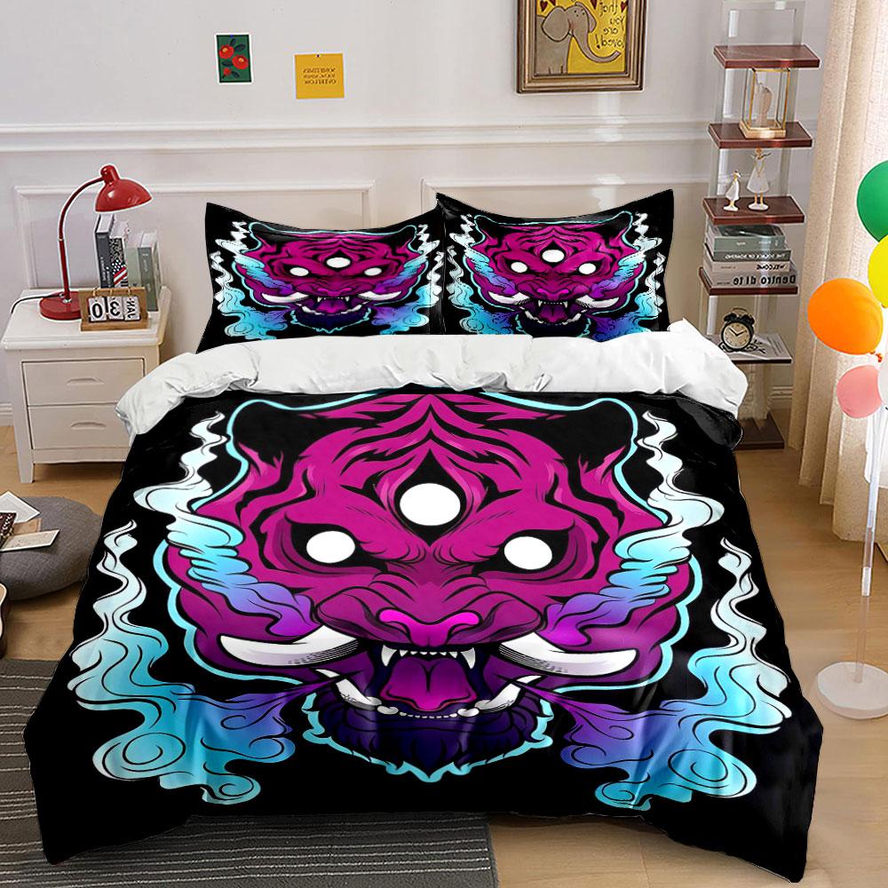 Gradient Purple Tiger Head Smoke Cloud Duvet Cover Set, Black Base Neo Traditional Bedding Includes 1 Duvet Cover 2 Pillowcase
