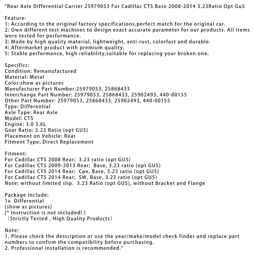 Rear Axle Differential Carrier 25979053 For Cadillac CTS Base 2008-2014 3.23Ratio