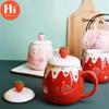 Hi Ceramic Cute Strawberry Coffee Mug with Lid and Spoon Creative Porcelain Breakfast Milk Oatmeal Cup Drinkware