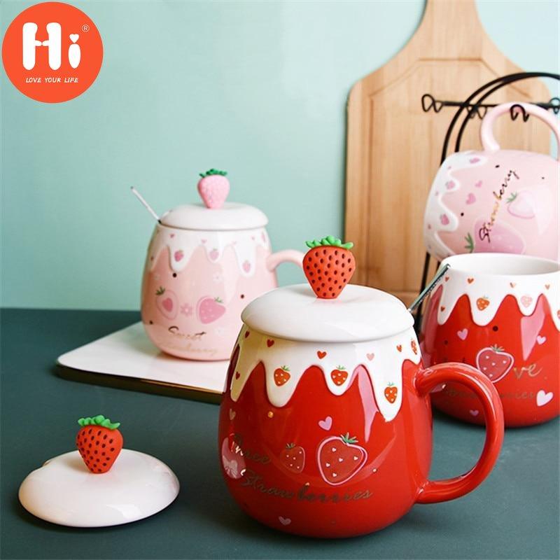 Hi Ceramic Cute Strawberry Coffee Mug with Lid and Spoon Creative Porcelain Breakfast Milk Oatmeal Cup Drinkware