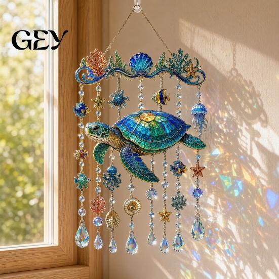 Outdoor Balcony Decoration Ocean Animal Acrylic Window Hanging, Stained Glass Style Sea Turtle Whale Dolphin Suncatcher Waterproof Wind Chime