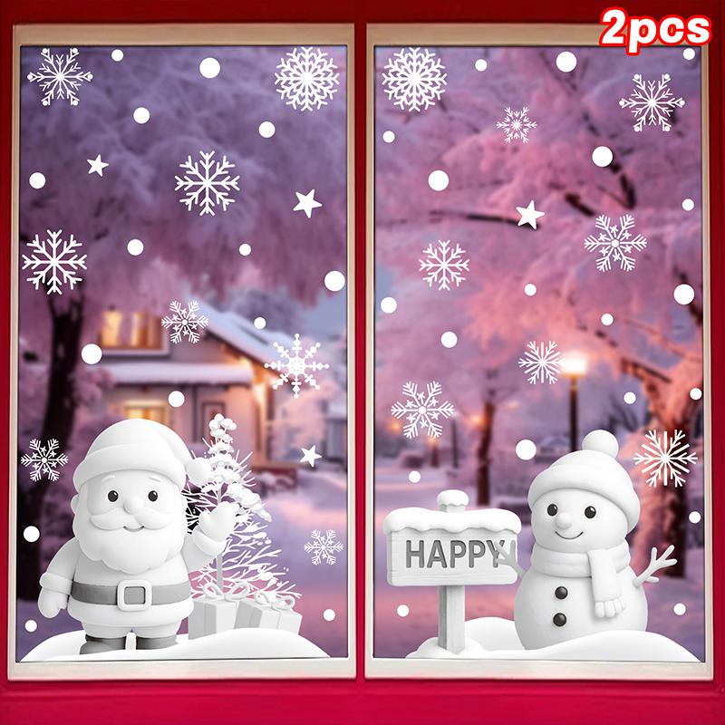 Christmas Decorations, White Snowflakes, Snowmen, Static Cling Stickers, Shop Window Decorations, Glass Stickers