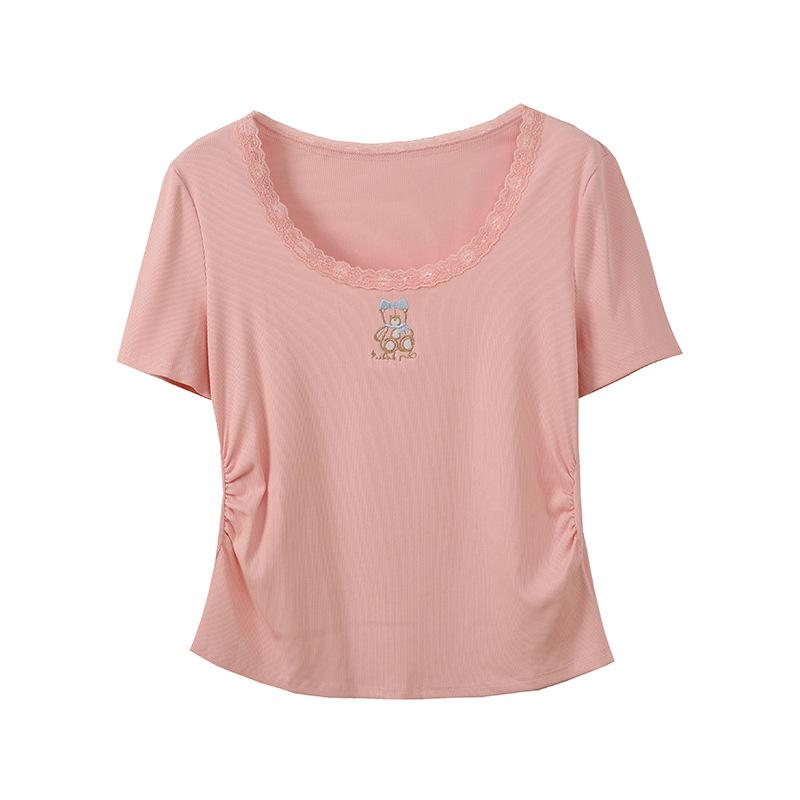 Fat mm bear embroidered lace pullover T summer new pinch pleated waist slim top 242549