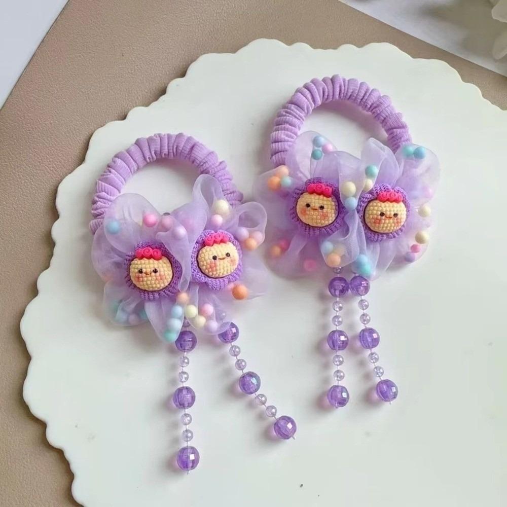 Flower Shaped Hair Ropes Pink Purple Elastic Rubber Bands Sweet Bead Pendant Tassel For Girls