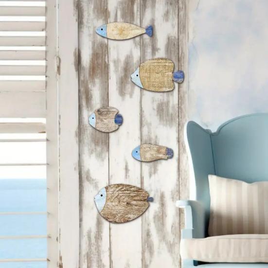 5 шт./набор Винтажное деревянное украшение на стену в виде рыбы Морская прибрежная океанская тема Подвесное украшение Косяк рыб Пляжный Озерный дом Ванная комната Настенное искусство