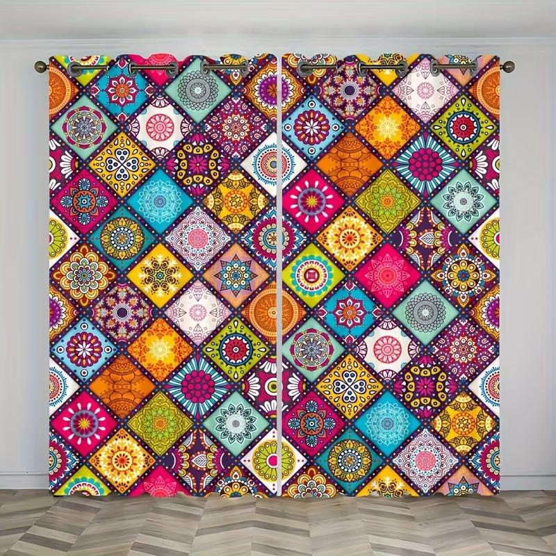 2 Pcs Colored geometric blocks print curtains,suitable for bedroom,living room kitchen decoration,home decoration,window decor