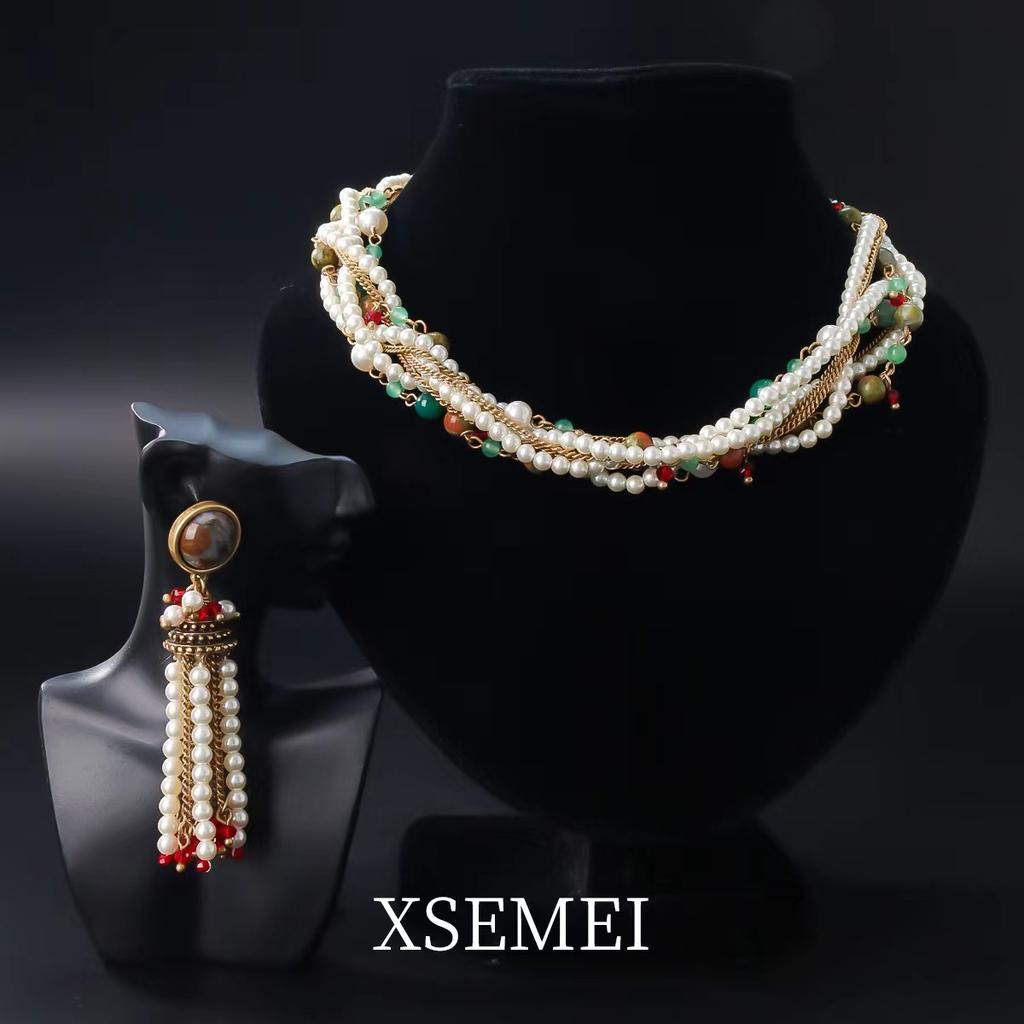 Medieval Exaggerated Retro Court Pearl Agate Multi-layer Heavy Industry Twist Chain Collarbone Necklace Fringed Red High