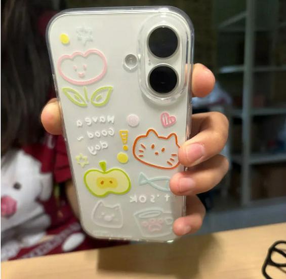 Прозрачный чехол с рисунком зеленого яблока и кошки для Apple 17 Pro Max/16/15/14/13 Pro