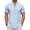Мужская повседневная футболка-henley из хлопка и льна с короткими рукавами