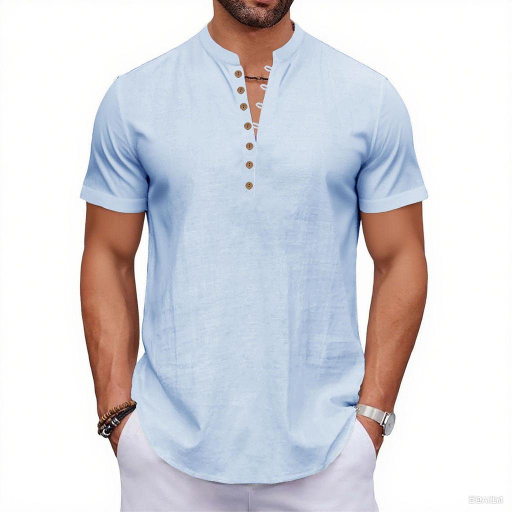 Мужская повседневная футболка-henley из хлопка и льна с короткими рукавами
