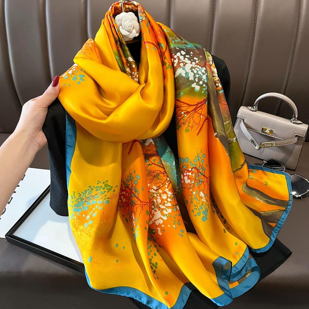 New Spring and Autumn Retro Floral Cranes Temperament Simulation Silk Large Long Scarf Sunscreen Outwear Shawl Female Silk Scarf