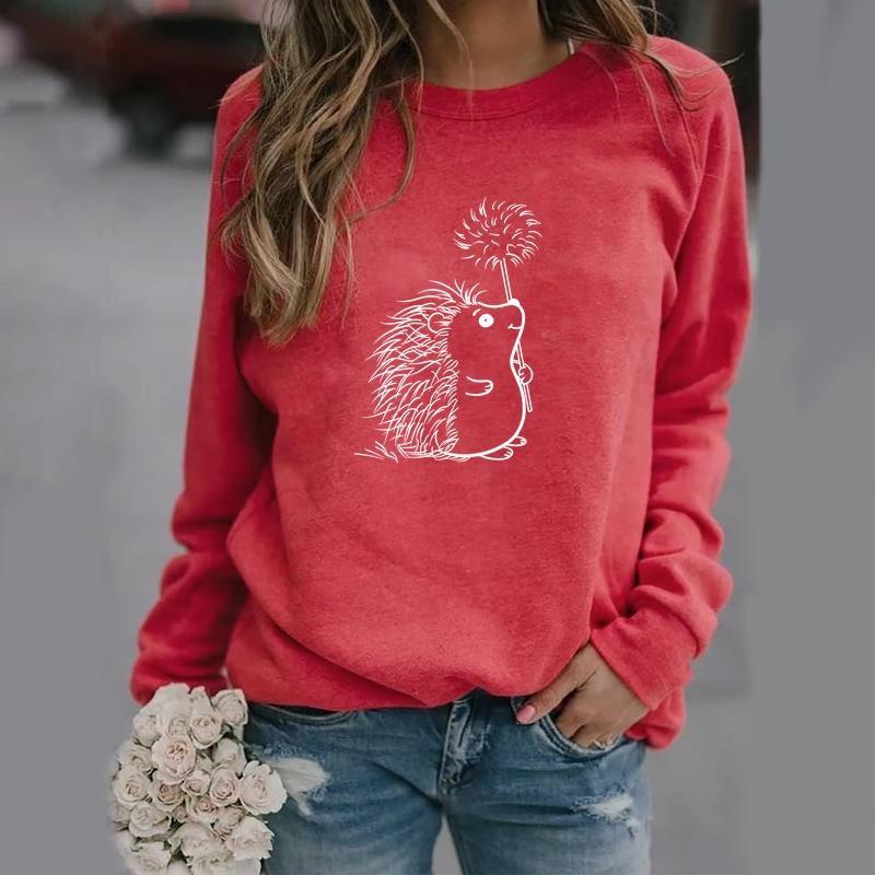 Милый принтованный свитер с рисунком ежа, женская мода, длинный рукав, уютный круглый вырез, пуловер, свитшот, топ