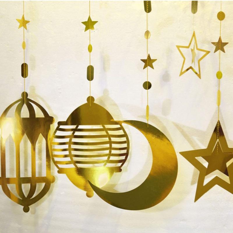 Eid Mubarak Gold Banner Decoration Hanging Star Moon Hanging Decor Ramadan Kareem For Home Decor Muslim Party Supplies HMM