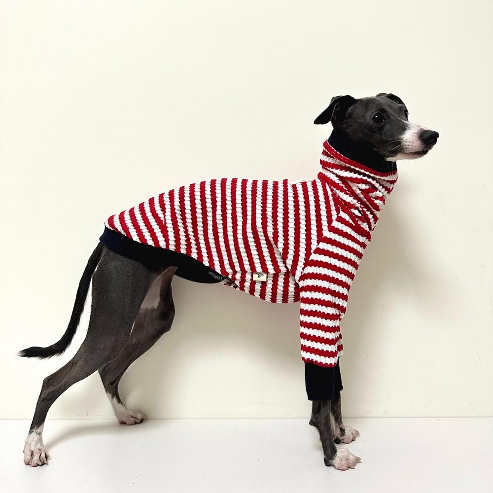 Red Striped High-Neck Spring T-Shirt for Mid Dog Elastic Cotton Long Sleeves Coat for Italy Greyhound Wellington Soft Pajamas