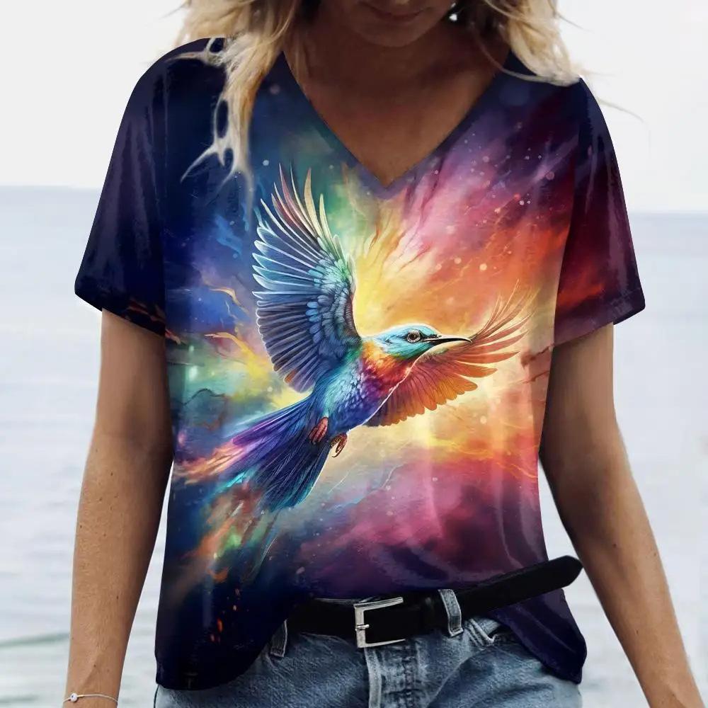 Летняя мода птица попугай 3D принт футболки женские V-образный вырез короткий рукав футболка Y2k топы футболки свободные Harajuku женская одежда