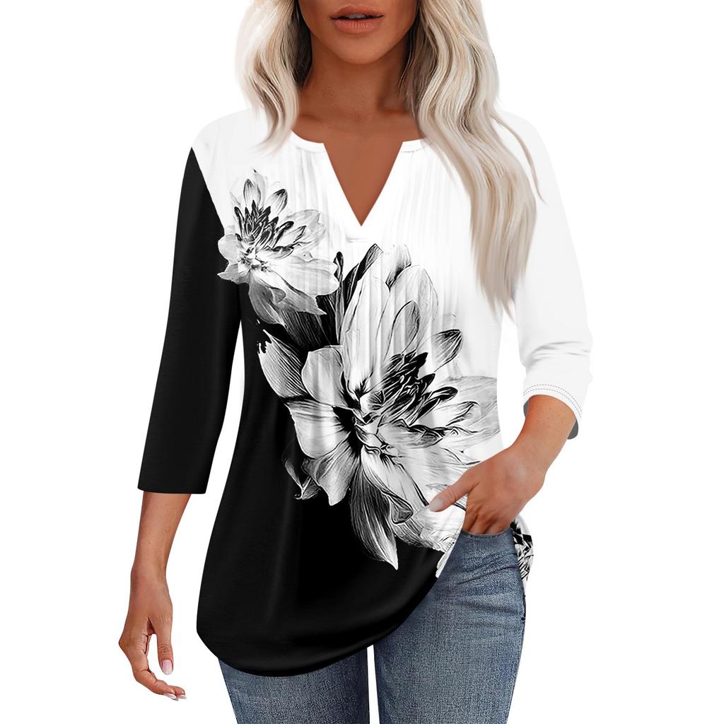 Women's Fashionable Casual Pleated  V Neck Solid Color Seven Quarter Sleeve T-shirt Top