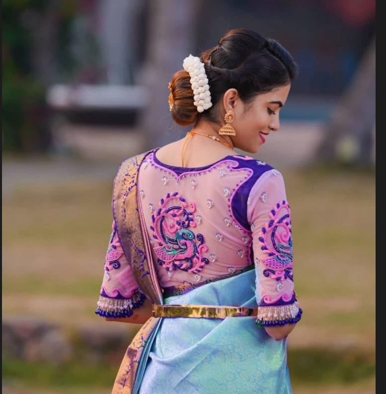 Индийское традиционное мягкое шелковое сари личи с жаккардовым плетением