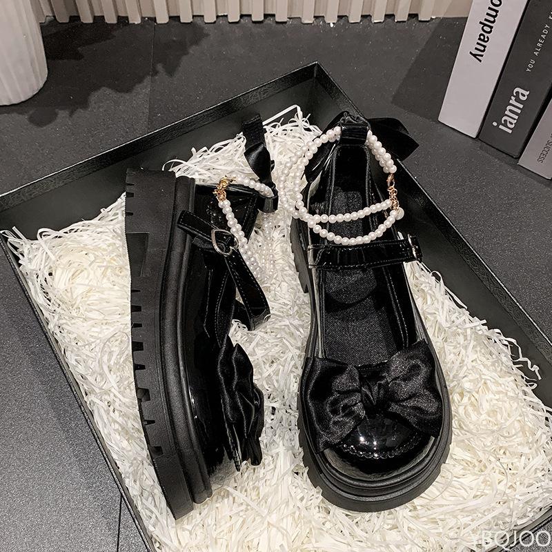 Fashion Thick Soled Shoes Women's Bow Round Toe Cute High Heels Spring New Versatile Elegant Comfortable Small Leather Shoes