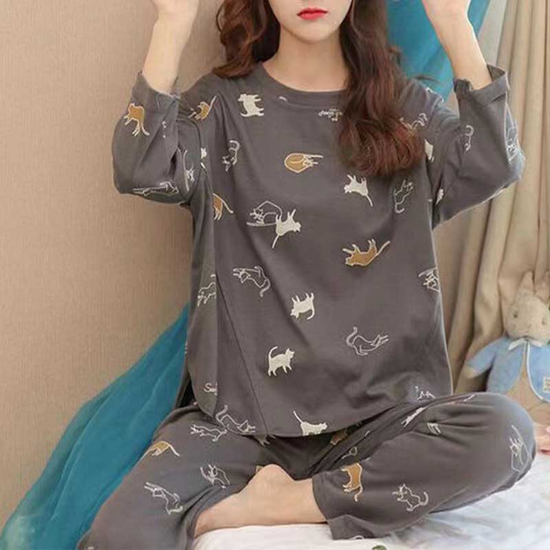 Двухкомпонентный женский новый весенне-осенний комплект с длинными рукавами, свободные повседневные пижамы с круглым вырезом, домашняя одежда, которую можно носить поверх костюма