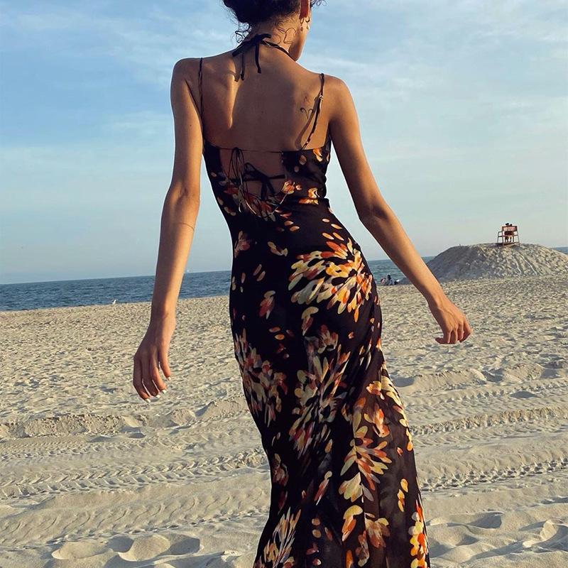 European and American summer women's clothing retro printing suspender dress vacation wind swinging collar sexy beach dress