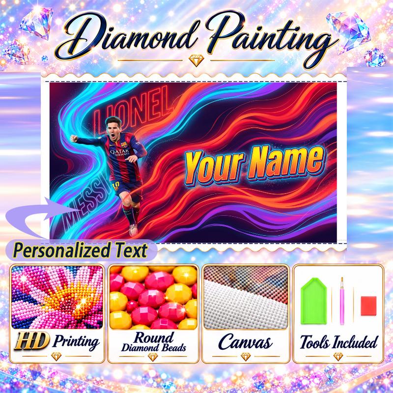 Lionel Messi 5D DIY Diamond Painting Custom Name Text, Full Drill Rhinestone Mosaic Art Home Gift