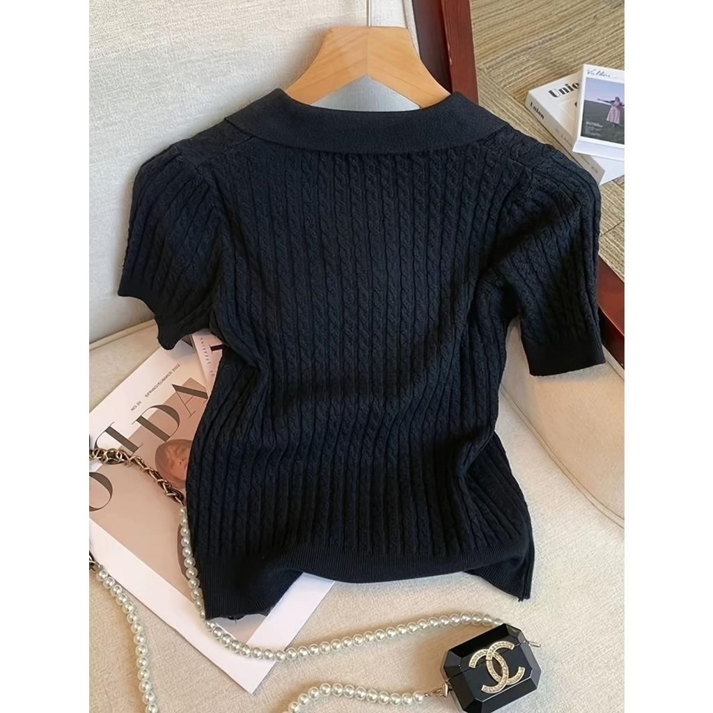 Temperament Lapel Ice Silk Knit Top Летняя свободная тонкая футболка с короткими рукавами