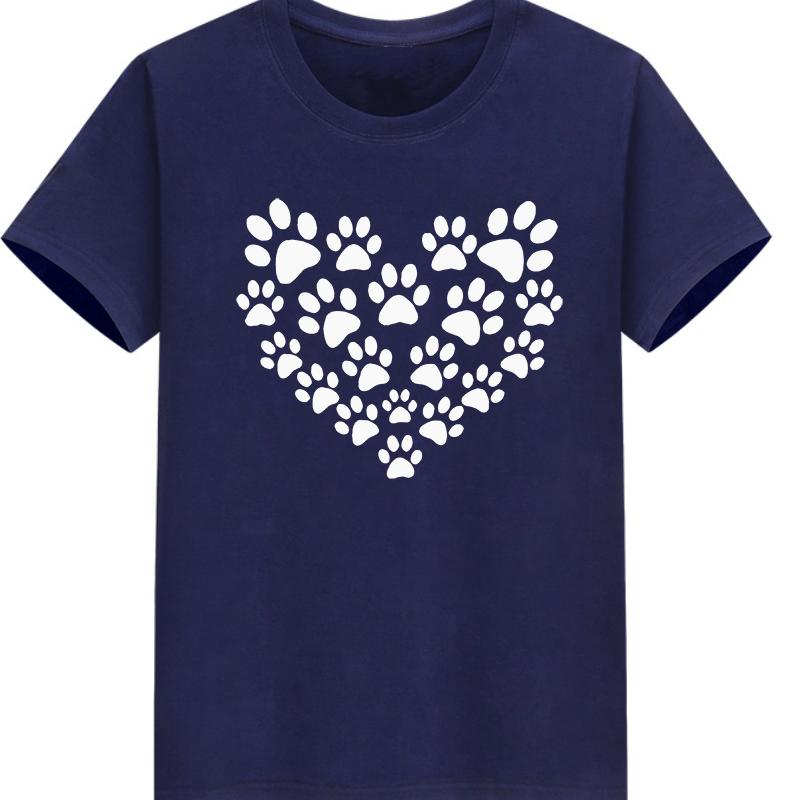 Cotton 100% Women's Heart-shaped Dog Footprints Fun Print Dog Lover Round Neck Short Sleeve Sport T-shirt Tops Harajuku