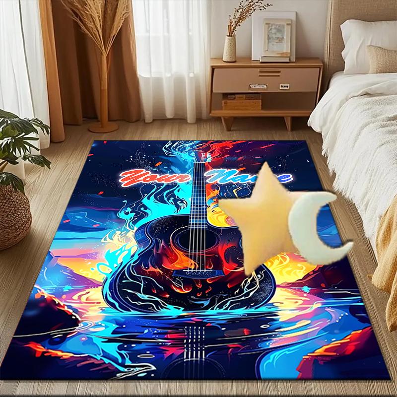 1PC Custom Name Guitar Flames Artwork Theme Floor Mat Ideal for Living Room, Game Rooms, Office, Bedroom Floor Mat Playful Design