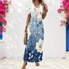 Women Plus Size V Neck Short Sleeve Floral Printed Navy Blue Straight Maxi Dress