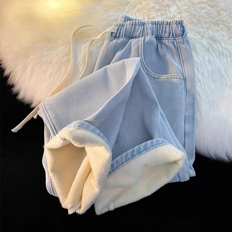 Fleece thickened straight women's jeans, new wide-leg cotton elastic waist pants in autumn and winter