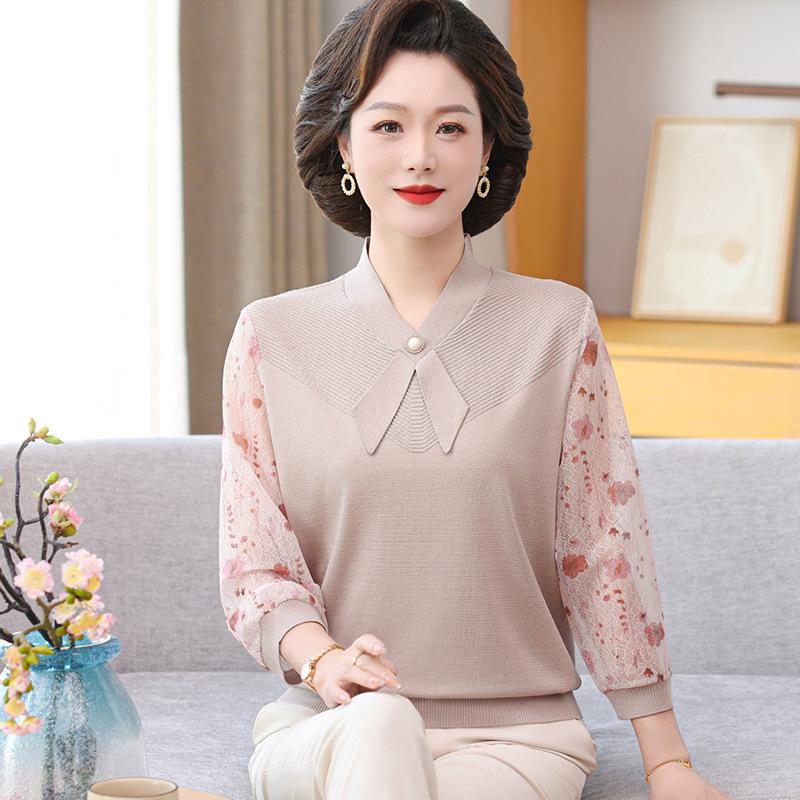 Spring Knit Top: Gauze Sleeve Shirt for Middle-Aged & Elderly Women - 7-Sleeved