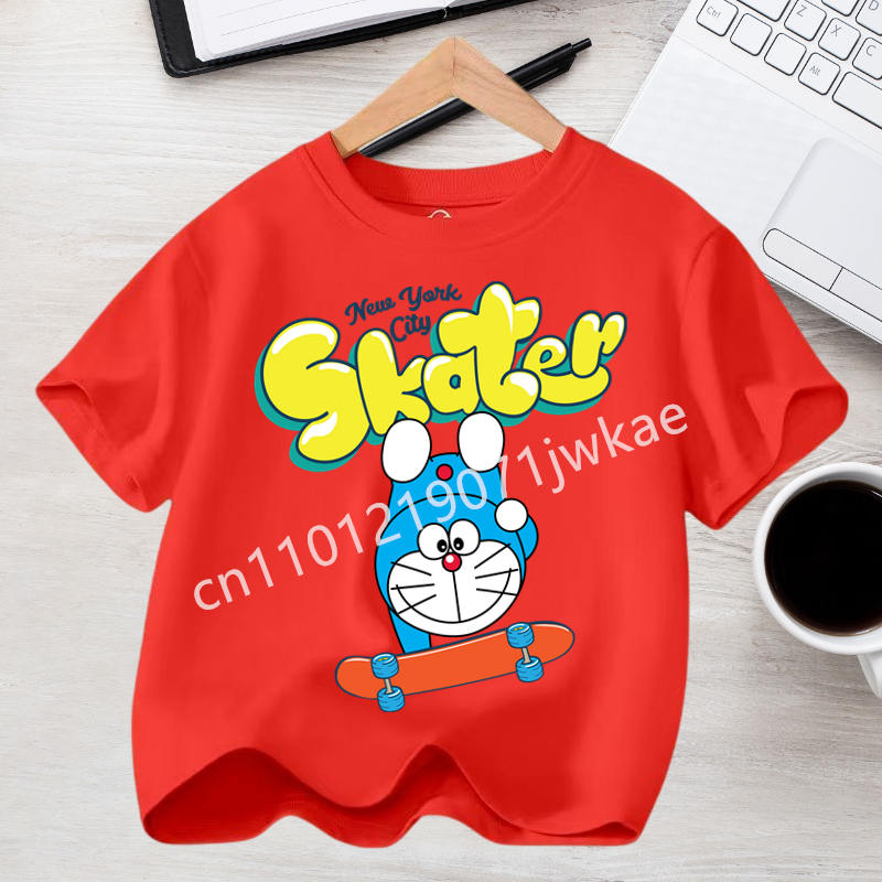 Kawaii Cotton Tops Boy Girl Summer Fashion Tees Kid Clothes Birthday Gift Doraemon Short Sleeves Children Cartoon Anime Tshirt