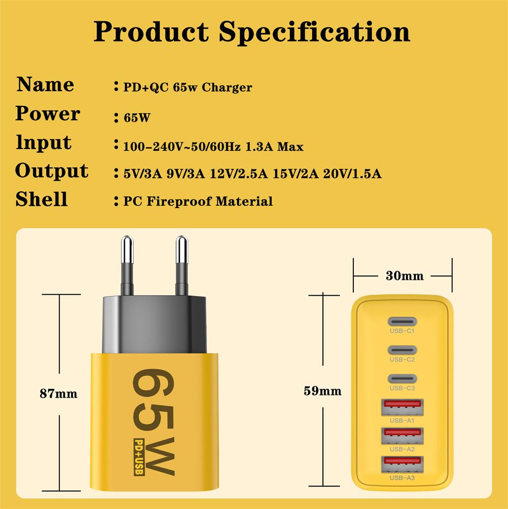 USB Charger Type C Total 65W Muti 6 Ports Quick Fast Charging EU/US/UK Plug Mobile Phone Wall Adapter for IPhone Samsung Xiaomi