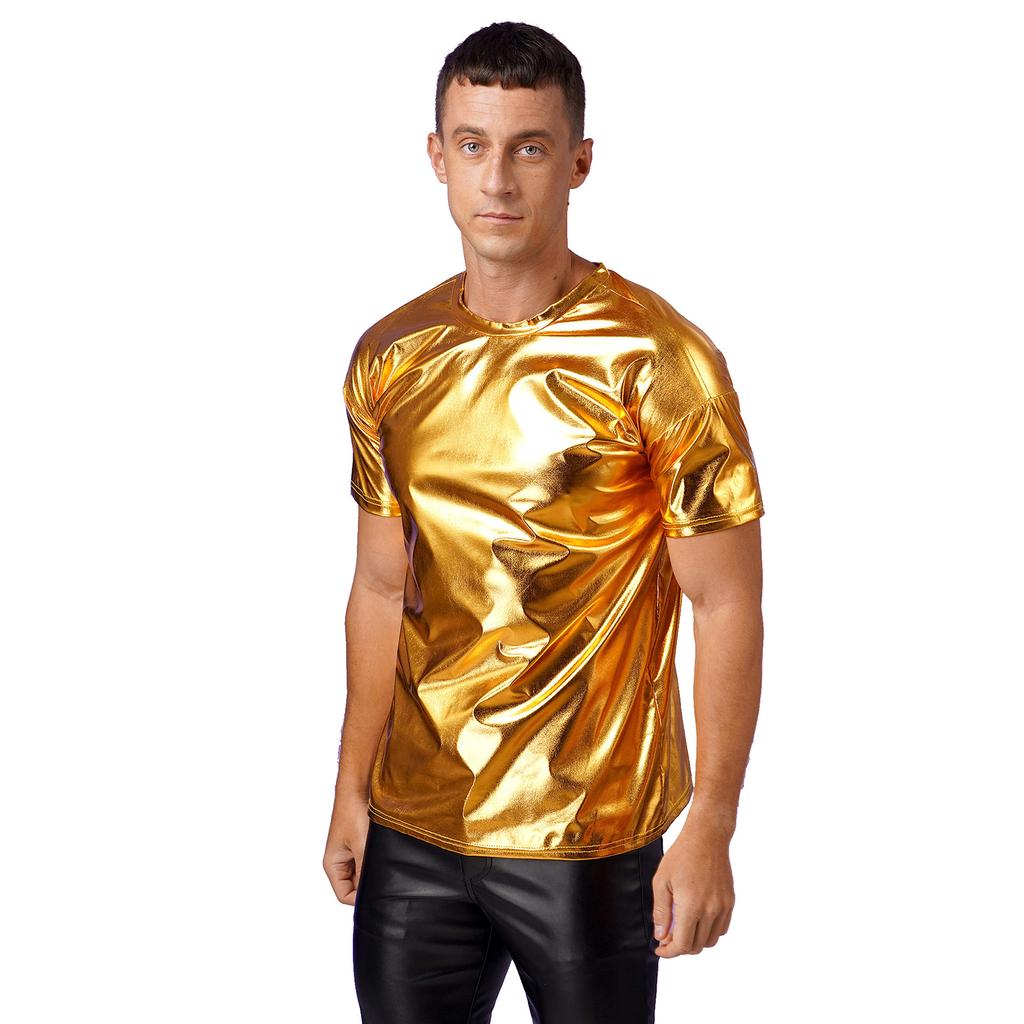 Мужской блестящий топ с металлическим отливом, круглым вырезом и короткими рукавами для клубных шоу или танцевальных вечеринок